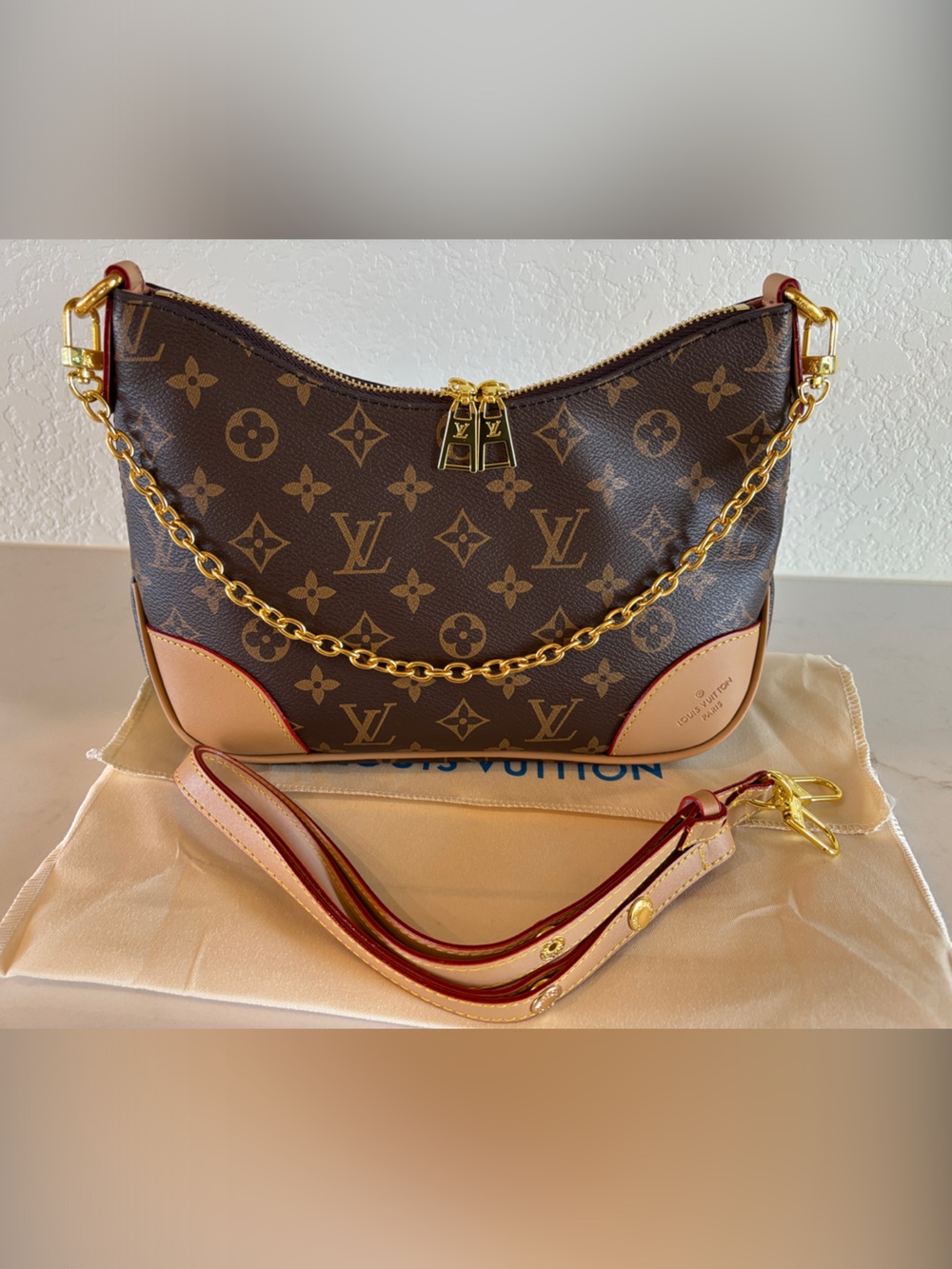 Monogram Shoulder Bag with Gold Chain and Vachetta Trim